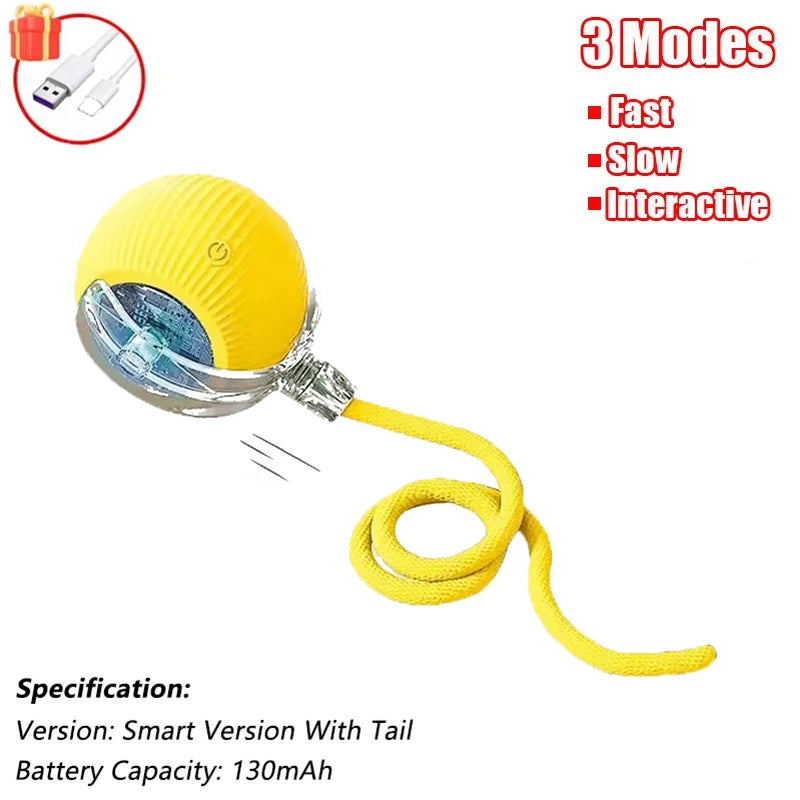 Green rechargeable cat ball toy with faux fur tail, automatic rolling, USB-C charging, for cats and small dogs, by FanzyMarket.
