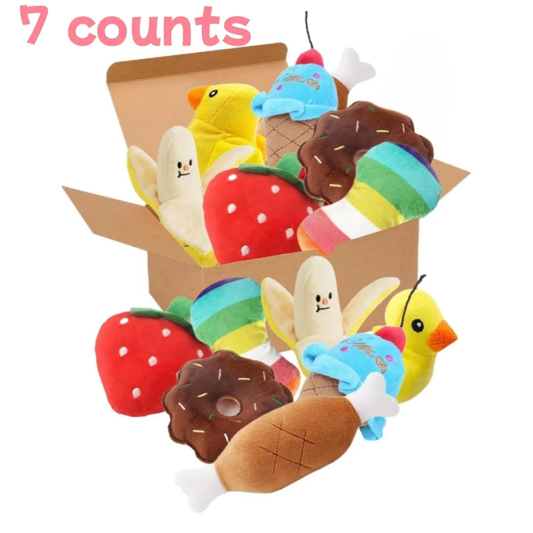 Seven-piece plush puppy squeaky toy set featuring fruit and vegetable shapes for dogs, designed for playful chewing and fun.