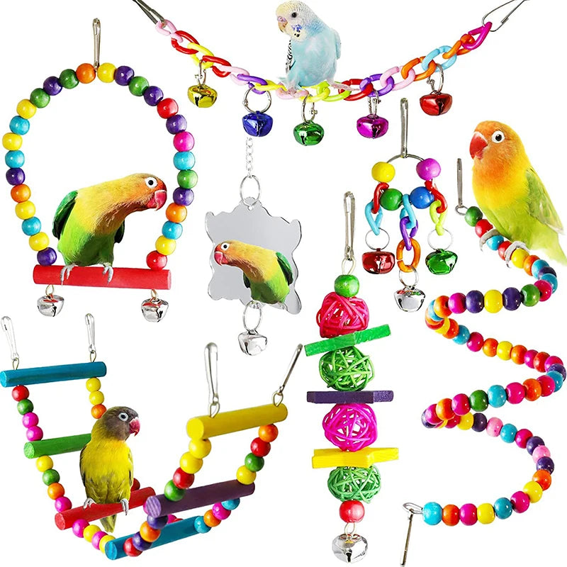 FanzyMarket 7-piece wooden bird cage toy set with swing, ladder, chew toys, bridge, and bells for parakeets and small parrots.