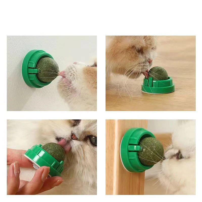 FanzyMarket catnip wall stick-on ball toy for cats, adhesive treat ball for scratching and digestion, pet toys for cats.