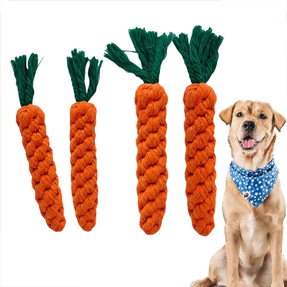 FanzyMarket carrot rope dog toy, durable braided cotton chew toy for puppies and dogs, 8.7 inches, ideal for teeth cleaning.