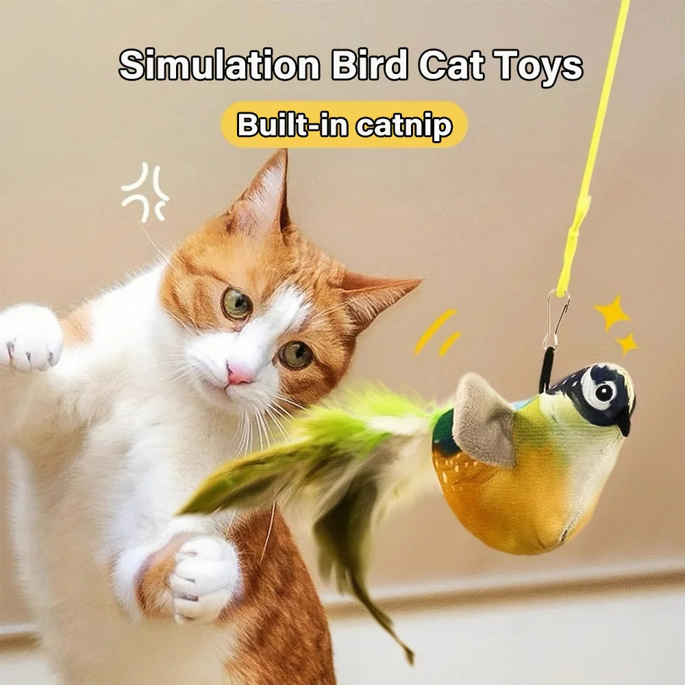 Interactive feather bird cat toy by FanzyMarket hanging on wall, features catnip and sound to engage cats during play.