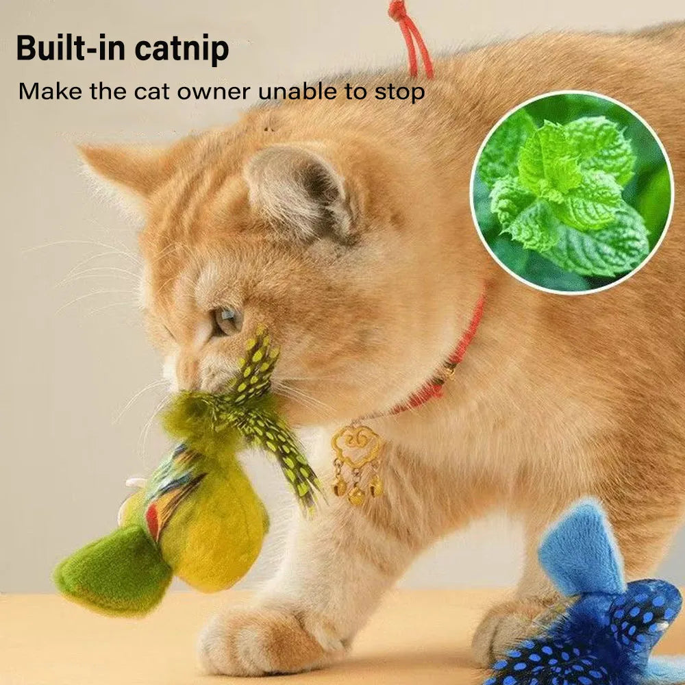 FanzyMarket interactive feather bird cat toy hanging on wall, with sounds and catnip for engaging feline play.