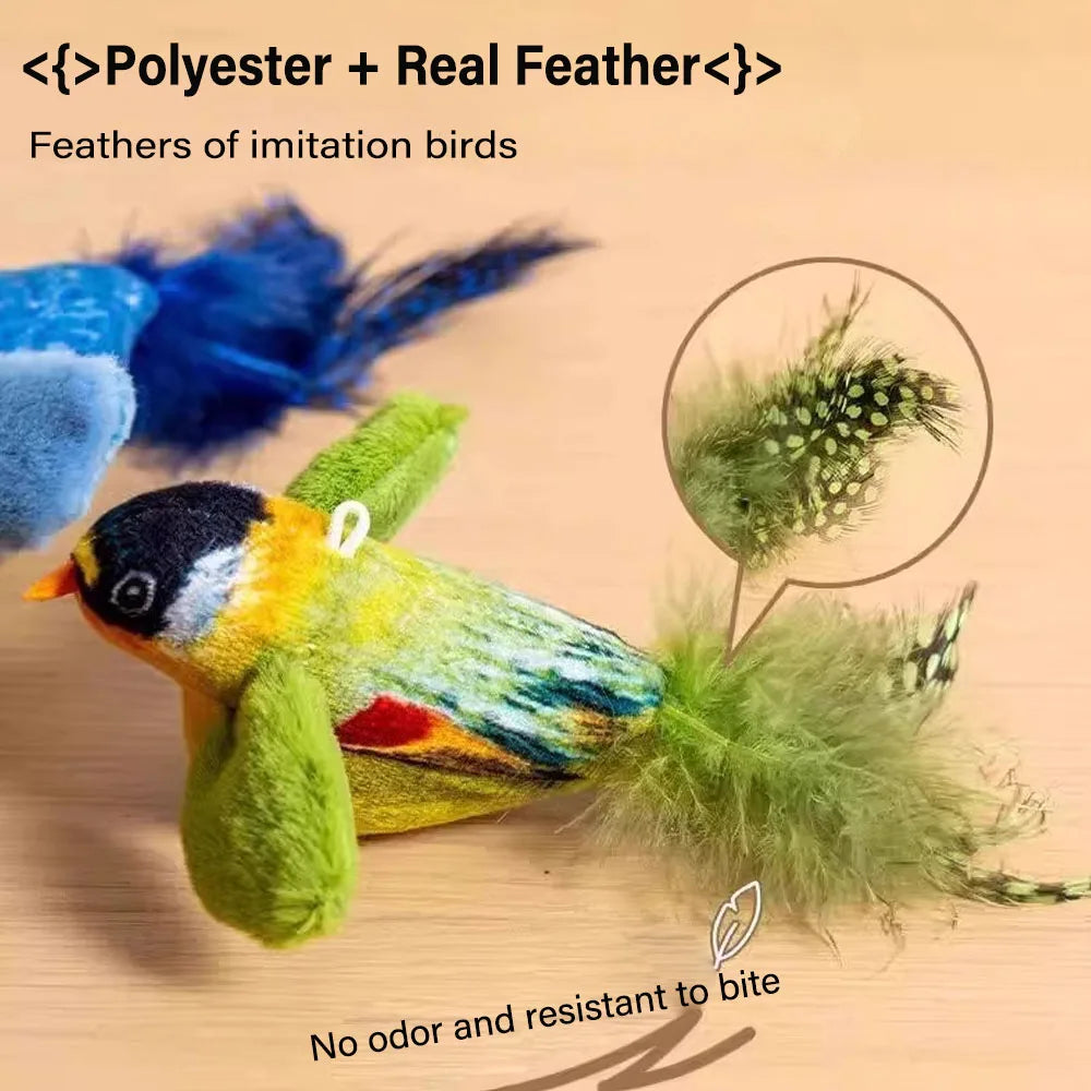 Interactive feather bird cat toy by FanzyMarket hanging on wall, features sound and catnip to entertain cats.