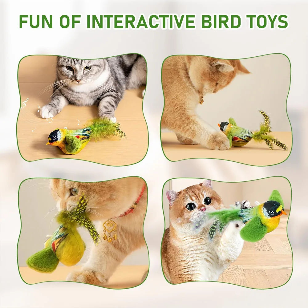 Interactive feather bird cat toy hanging on wall, with sound and catnip, designed to entertain and engage cats.