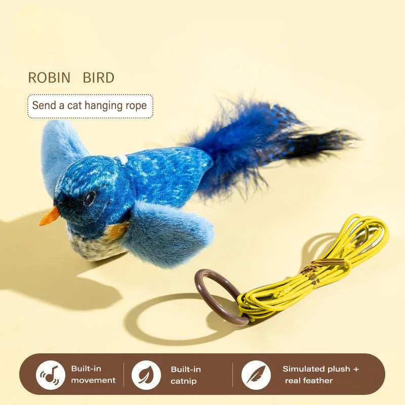 Interactive feather bird cat toy by FanzyMarket hanging on wall, with sound and catnip to entertain cats.