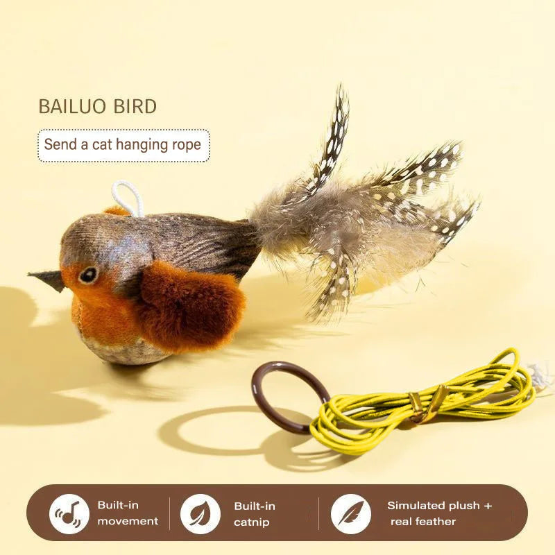 Interactive feather bird cat toy hanging on wall with sound and catnip, designed to entertain and engage cats.