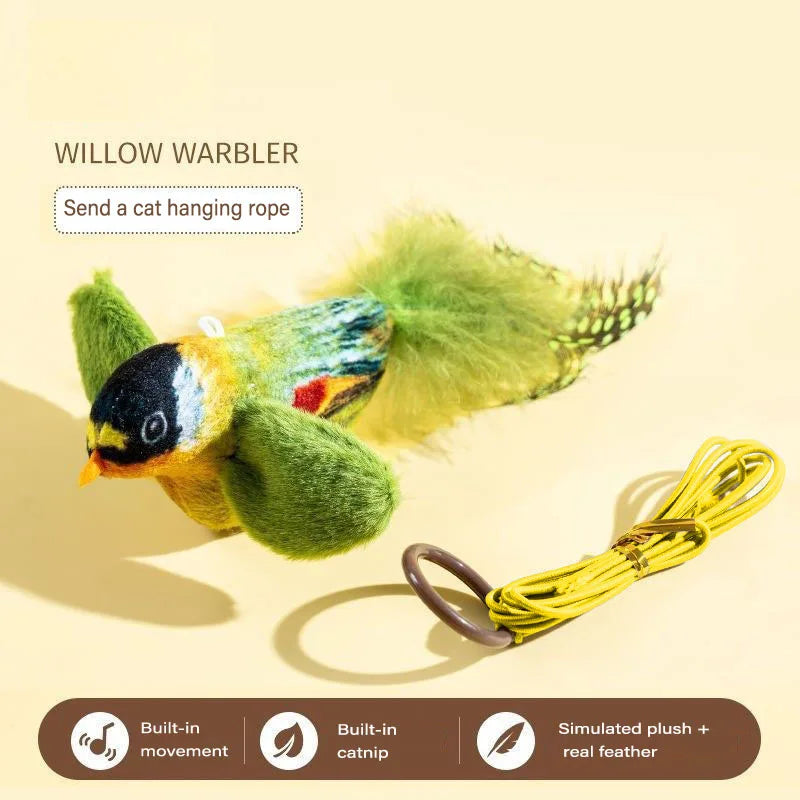 FanzyMarket interactive feather bird cat toy hanging on wall, with sound and catnip for feline entertainment and play.