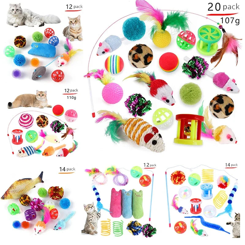 Foldable FanzyMarket cat tunnel play tent with mouse-shaped balls and fish toys for kittens, designed for fun and exercise.