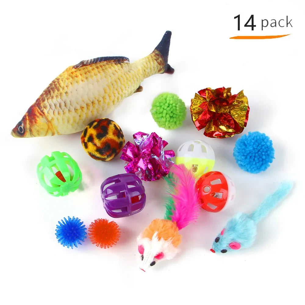 Foldable FanzyMarket cat tunnel play tent with mouse-shaped balls and fish toys for kittens, designed for fun and exploration.