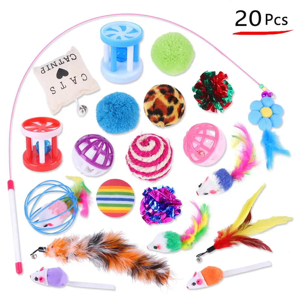 Foldable FanzyMarket cat tunnel play tent with mouse-shaped balls and fish toys for kittens, designed for pet entertainment.
