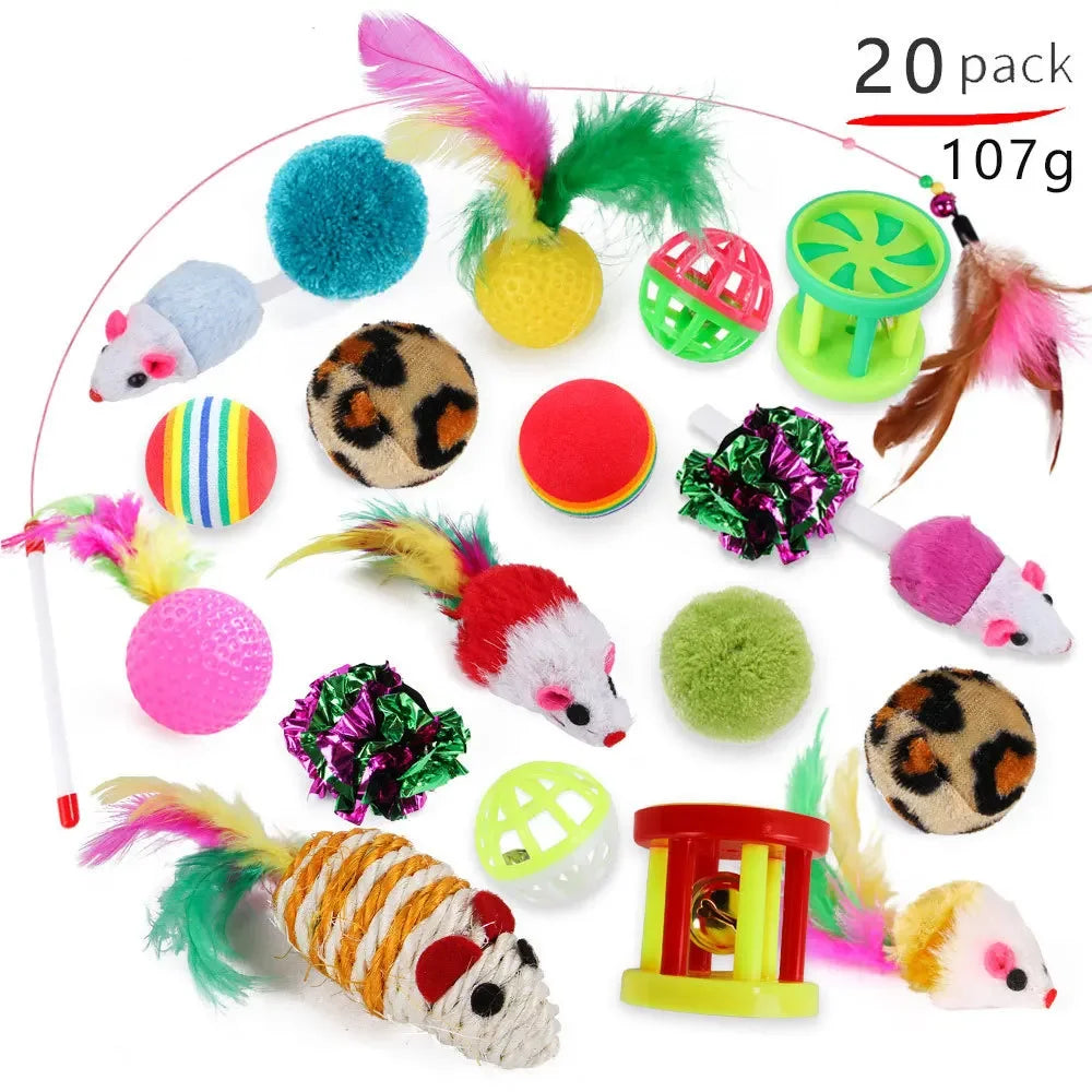 Foldable cat tunnel play tent with mouse-shaped balls and fish toys for kittens, designed by FanzyMarket for interactive pet fun.