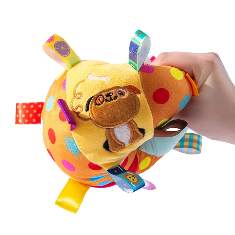 FanzyMarket plush vocal pet toy ball with bells, interactive chew and tooth-cleaning toy for dogs, puppies, and cats, 6-inch size.