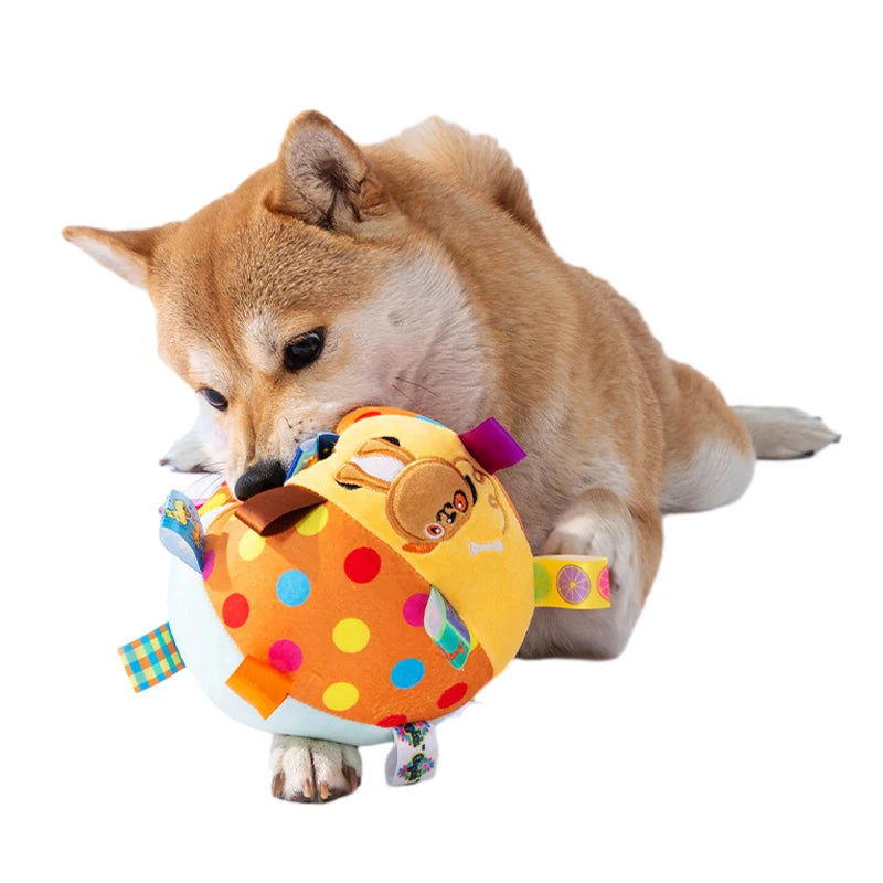 FanzyMarket plush vocal toy ball with bells, interactive chew and tooth-cleaning pet toy for dogs, puppies, and cats, 6-inch size.