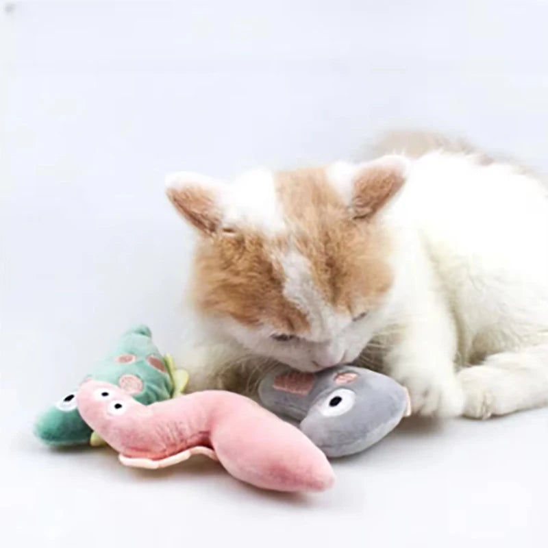 FanzyMarket plush cat toy featuring a cartoon animal design, soft, chewable, and interactive for cats’ play and dental health.