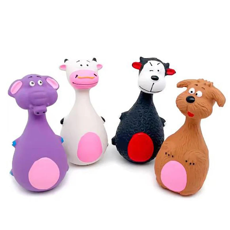 Round-bellied cartoon squeaky dog toy pack with purple elephant, white cow, and brown options, made from bite-resistant latex rubber.