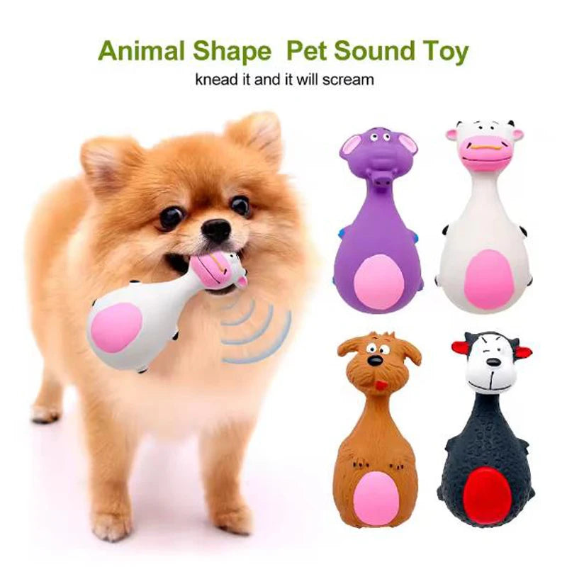 Colorful round-bellied cartoon squeaky dog toy pack with purple elephant, white cow, and brown options made of bite-resistant latex rubber.
