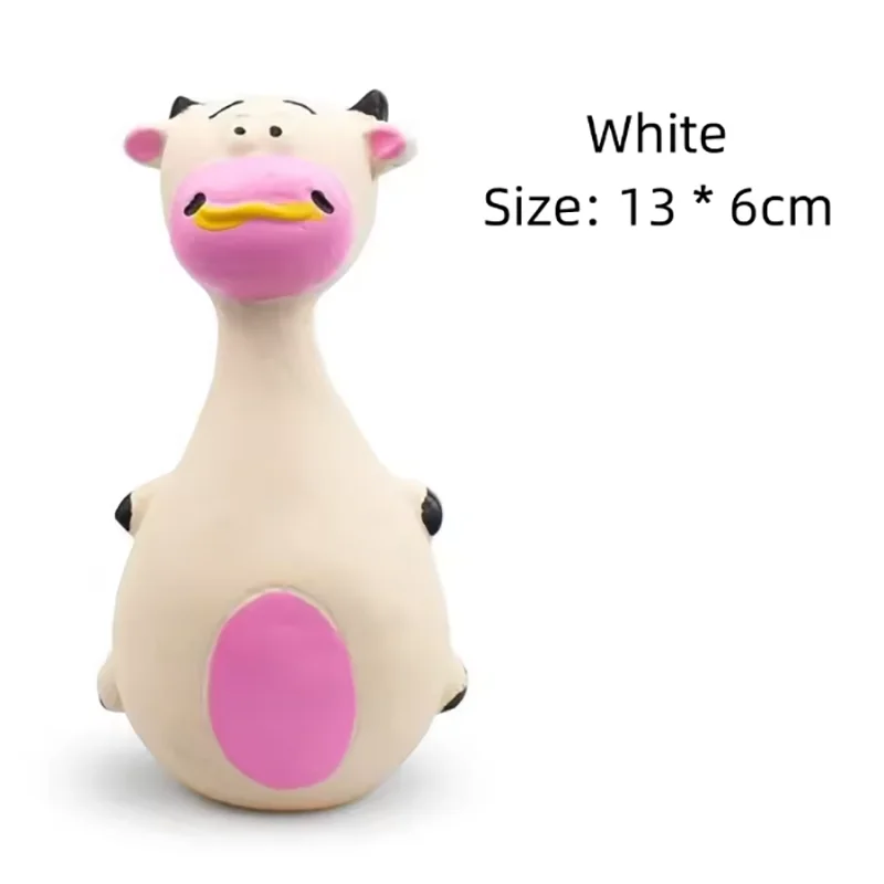 Colorful round-bellied cartoon squeaky dog toy set with purple elephant, white cow, and brown options made of bite-resistant latex rubber.