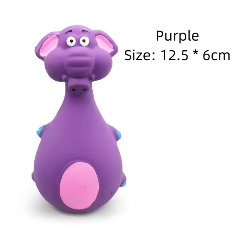 FanzyMarket squeaky dog toy pack with purple elephant, white cow, and brown options, made from bite-resistant latex rubber.