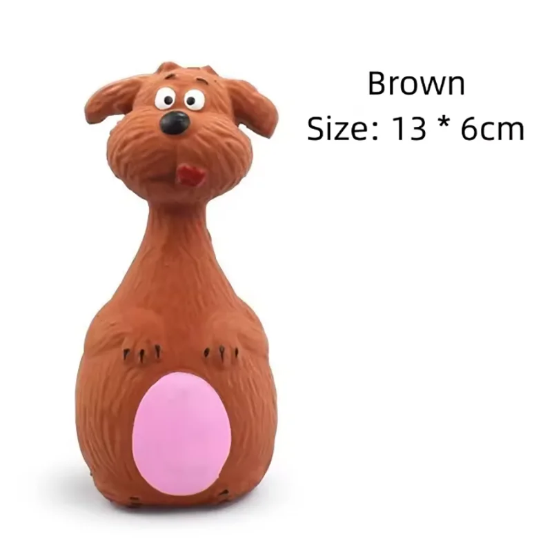 FanzyMarket round-bellied cartoon squeaky dog toy set with bite-resistant latex rubber in purple elephant, white cow, and brown options.
