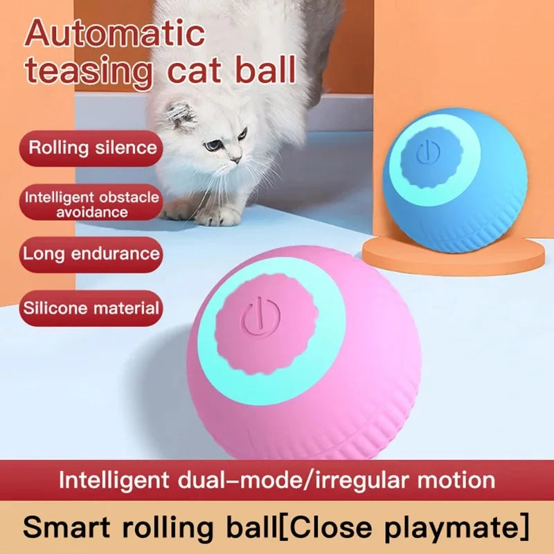 Blue automatic rolling cat ball toy by FanzyMarket, an interactive electronic pet toy designed for kittens to chase and play.