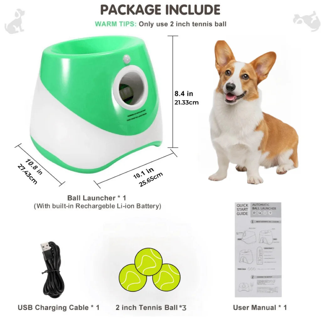 FanzyMarket rechargeable automatic dog ball launcher with blue design and 5.8 cm tennis balls for medium and large dogs.