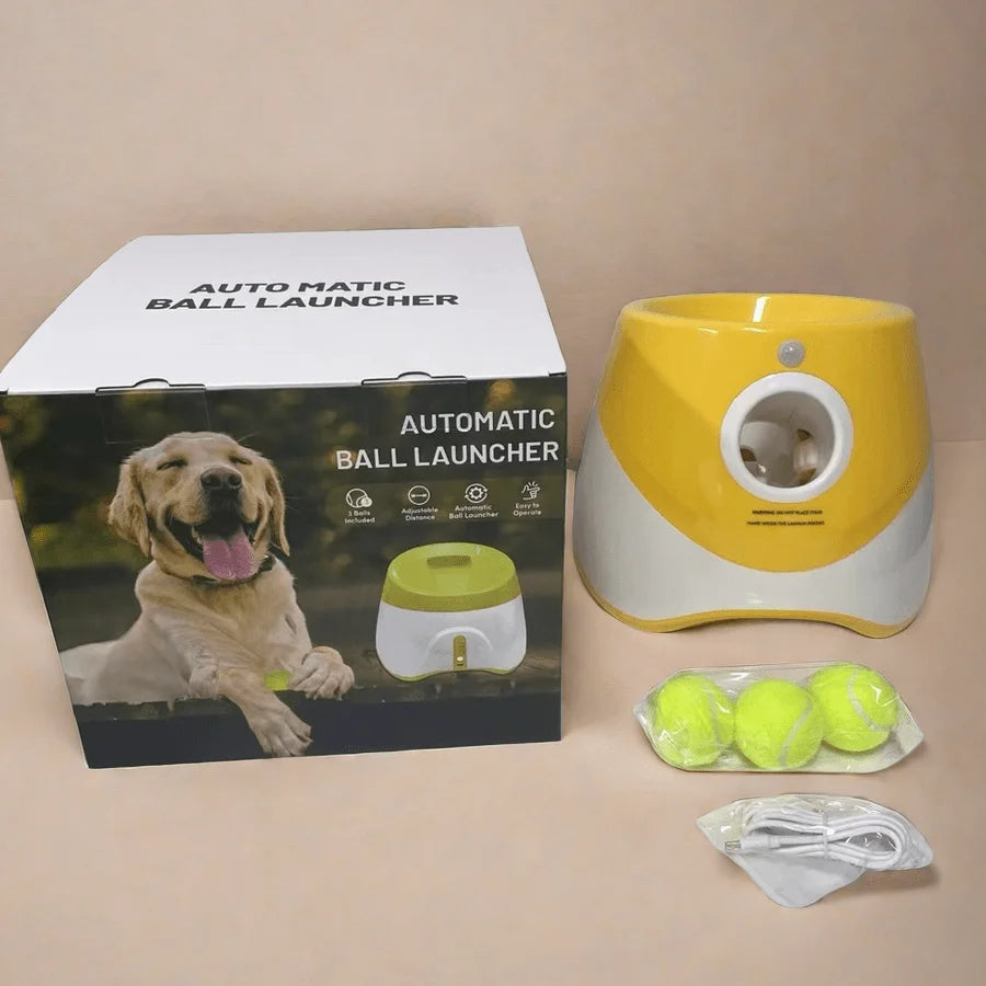 FanzyMarket automatic dog ball launcher with blue design, rechargeable USB, 5.8 cm tennis balls for medium and large dogs.