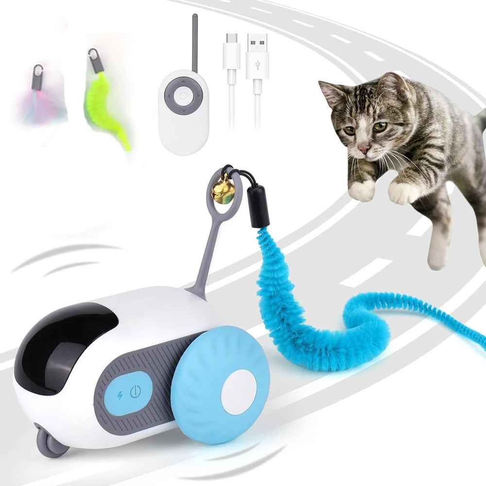Blue FanzyMarket automatic smart cat toy car with remote control, interactive moving toy for cats and small dogs.