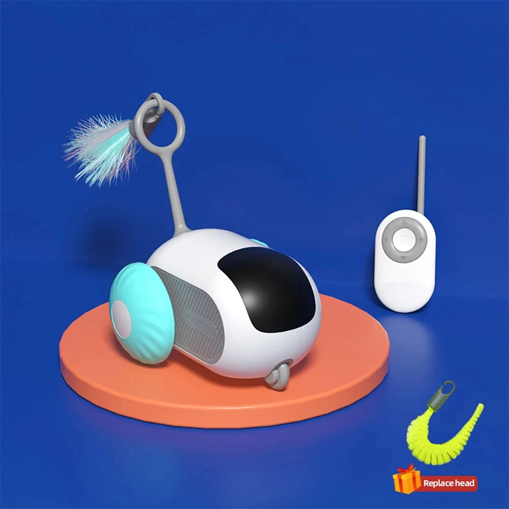 Blue FanzyMarket automatic smart cat toy car with remote control, showing a small moving pet toy for cats and small dogs.