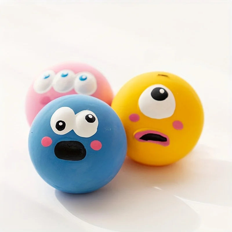 FanzyMarket cartoon big eye squeaky rubber dog ball, durable interactive chew toy, blue pet toy for dogs with a playful design