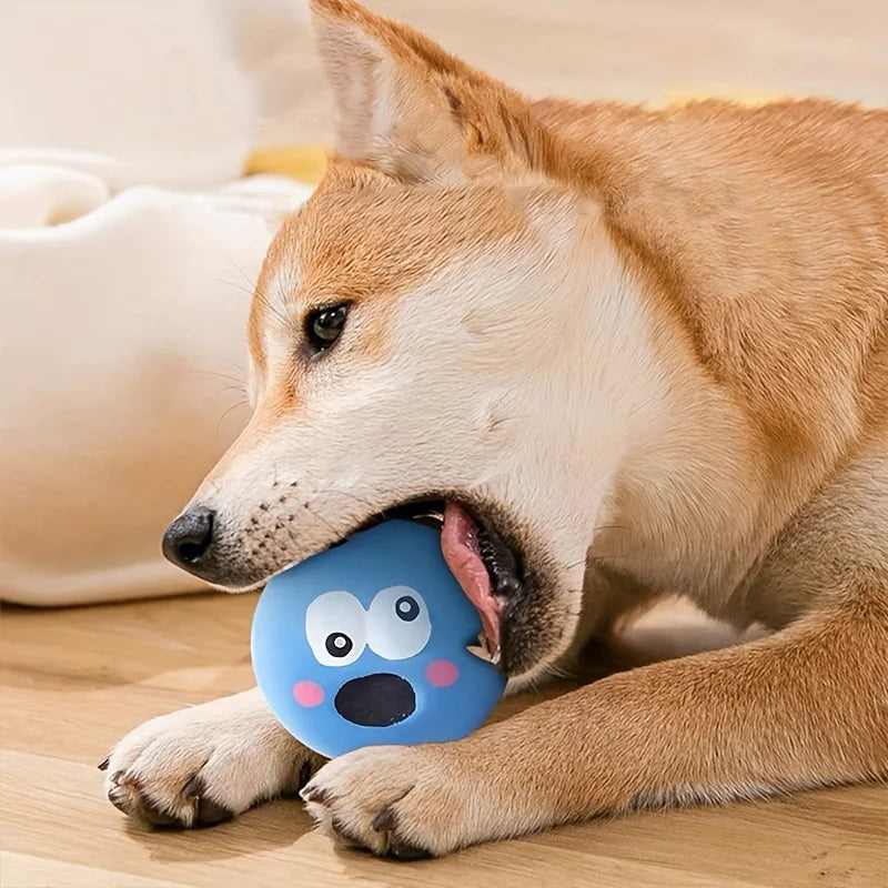 Blue cartoon big eye squeaky rubber dog ball by FanzyMarket, durable interactive chew toy for dogs in pet supplies.