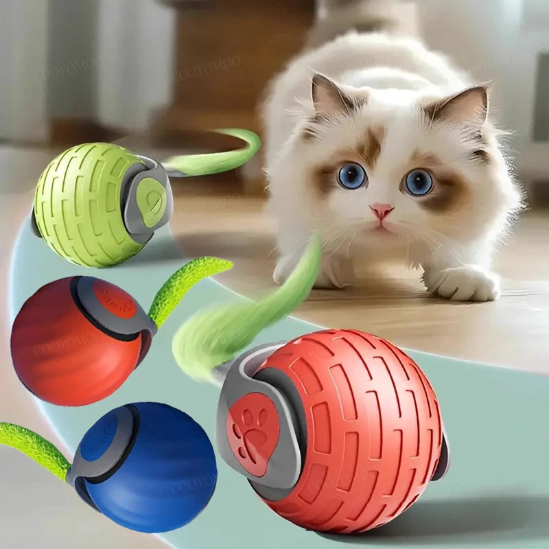FanzyMarket automatic rechargeable cat toy ball with plush tail, motion-activated, interactive rolling teaser, USB-C powered for pets