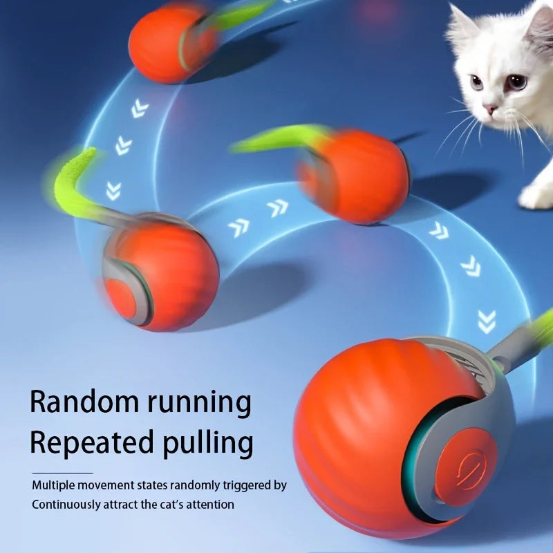 FanzyMarket automatic rechargeable cat toy ball with plush tail, motion-activated rolling teaser, USB-C charging for interactive pet play