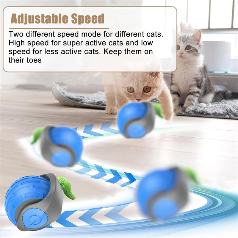 FanzyMarket automatic rechargeable cat toy ball with plush tail, motion-activated, rolling teaser, USB-C powered for interactive play.