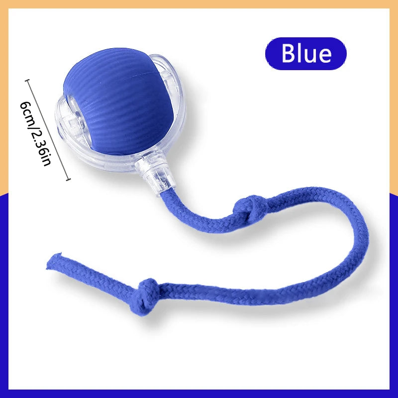 FanzyMarket automatic rechargeable cat toy ball with plush tail, motion-activated, interactive rolling teaser, USB-C charging, blue color.