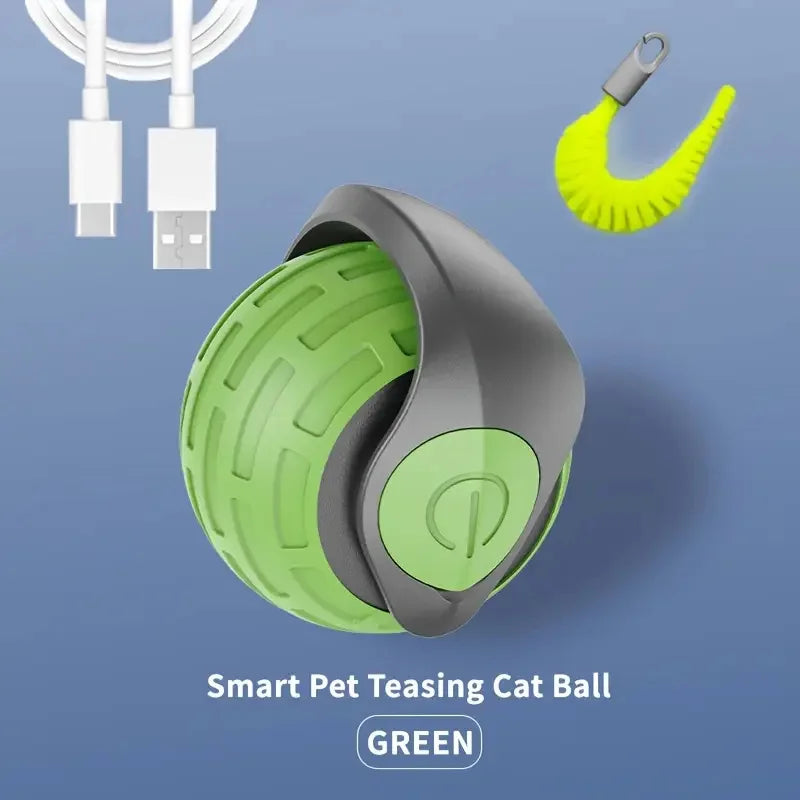 FanzyMarket automatic rechargeable cat toy ball with plush tail, motion-activated rolling teaser for interactive pet play, USB-C charge.