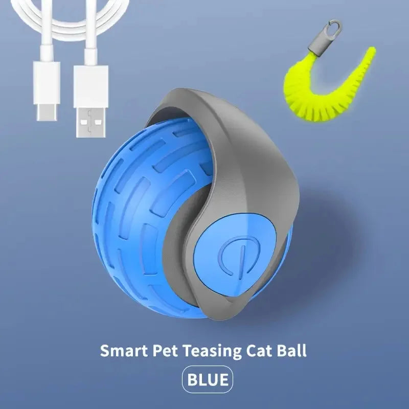 FanzyMarket automatic rechargeable cat toy ball with plush tail, motion-activated interactive rolling teaser, USB-C charging.