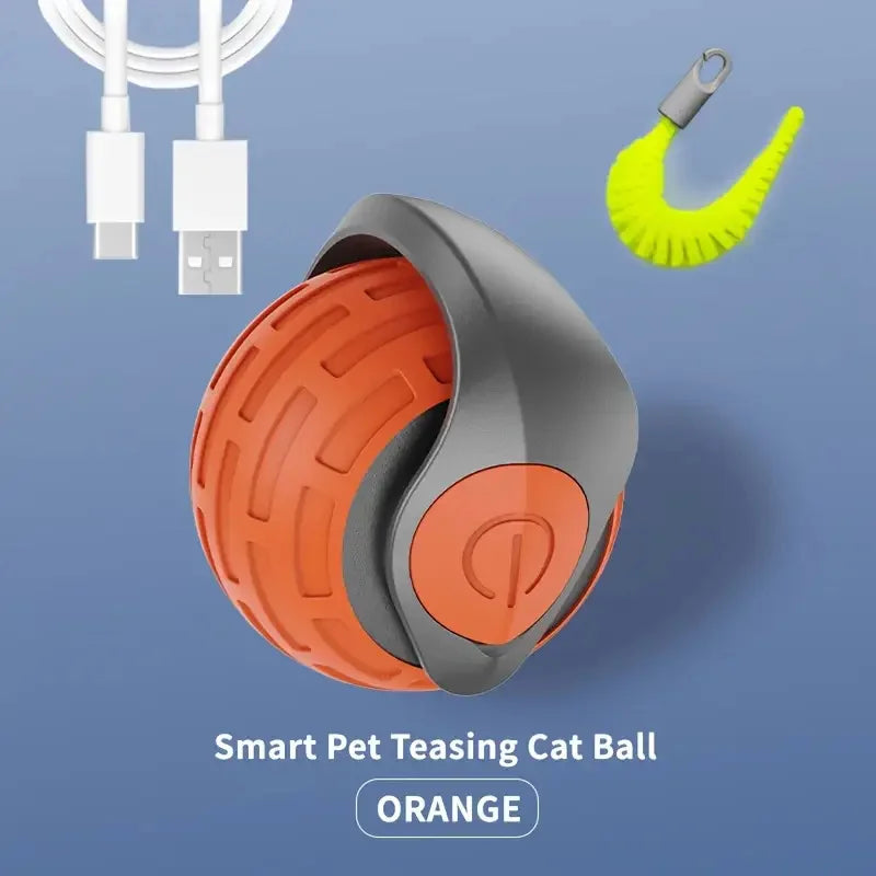 FanzyMarket automatic rechargeable cat toy ball with plush tail, motion-activated interactive rolling teaser, USB-C powered.
