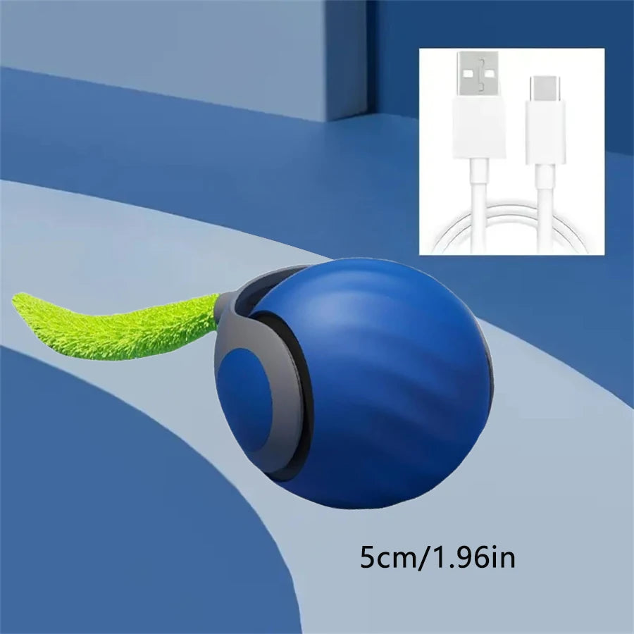 FanzyMarket rechargeable cat toy ball with plush tail, motion-activated, interactive rolling teaser, USB-C charging, ideal for pet play.