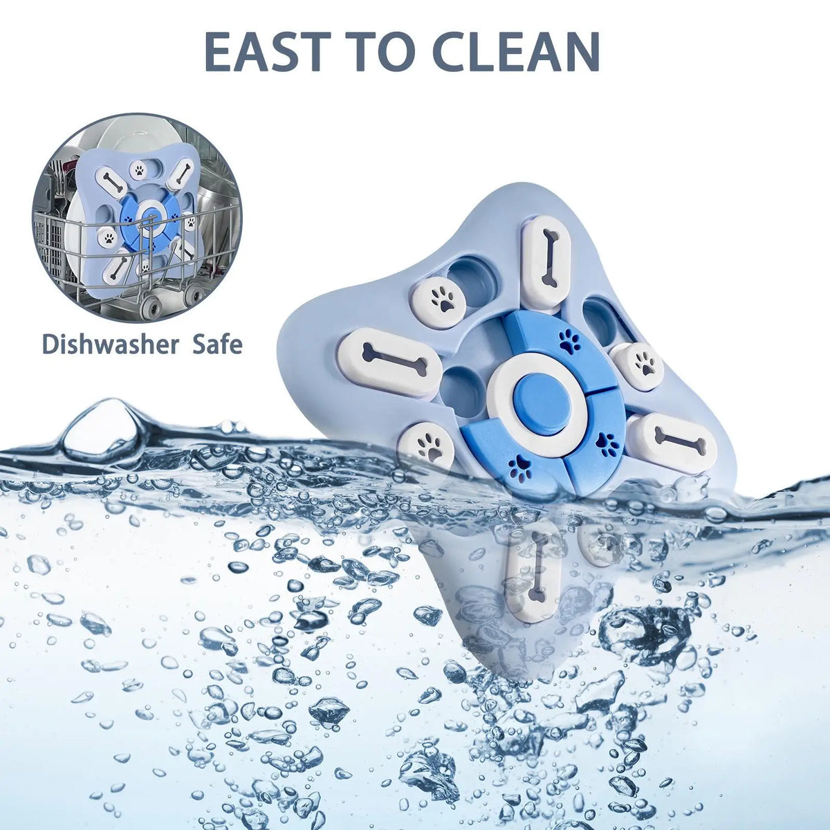 Blue interactive dog squeak puzzle toy with treat dispenser, memory training slow feeder, dishwasher-safe plastic from FanzyMarket.