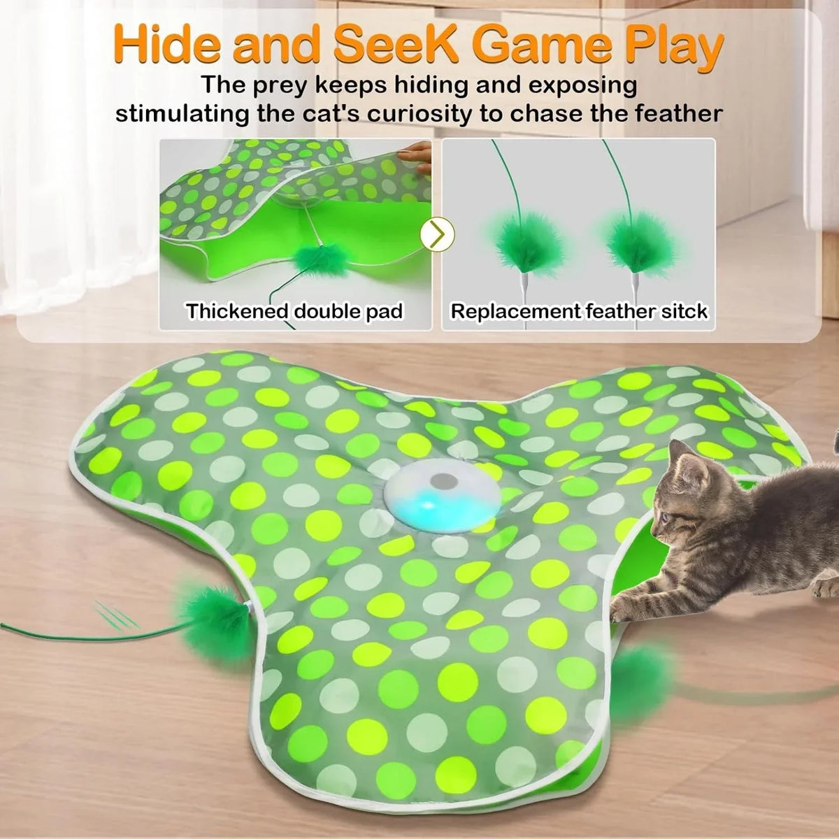 FanzyMarket interactive hide and seek cat toy featuring a motion-activated squeaky mouse with a concealed feather wand and USB rechargeability.