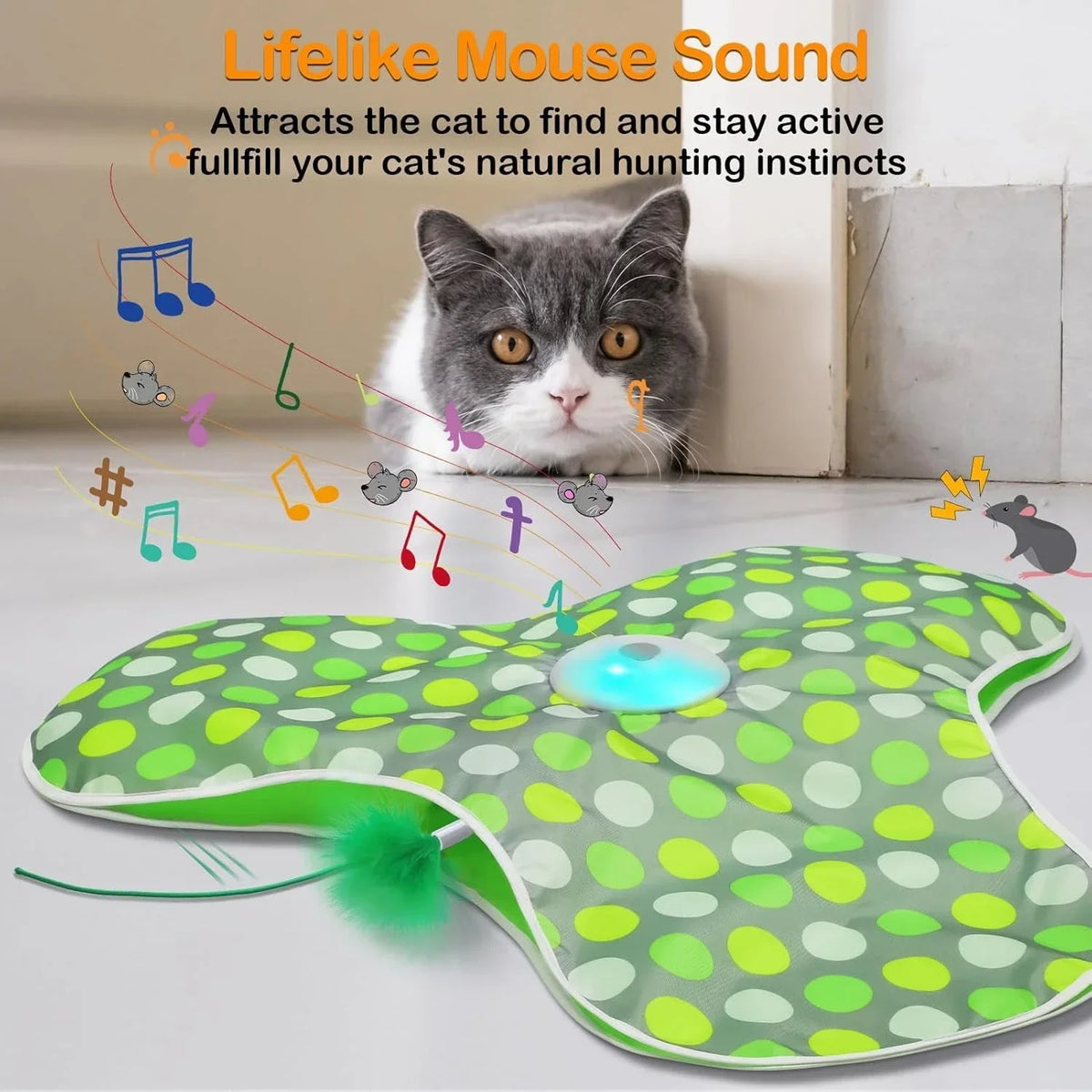 FanzyMarket interactive hide and seek cat toy with squeaky mouse, concealed feather wand, motion activation, and USB rechargeable feature.