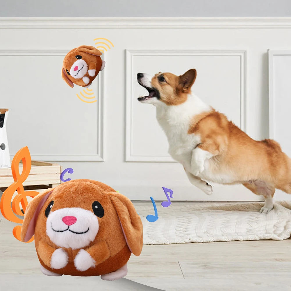 Blue plush bouncing dog toy by FanzyMarket, 5.9 inches, interactive squeaky, self-moving, bite-resistant for small and medium dogs.