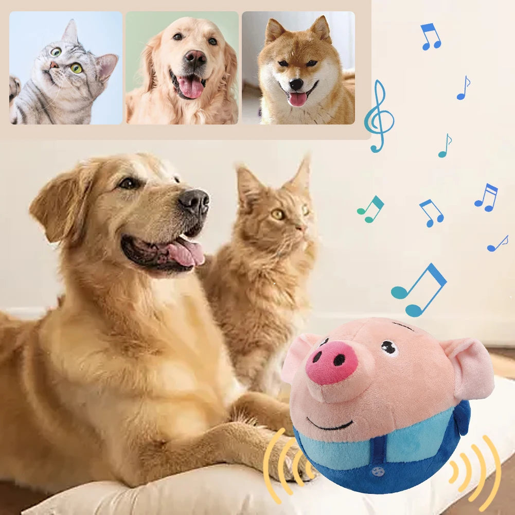 FanzyMarket plush bouncing dog toy, blue pig, 5.9 inches, interactive squeaky, self-moving, bite-resistant for small and medium dogs.
