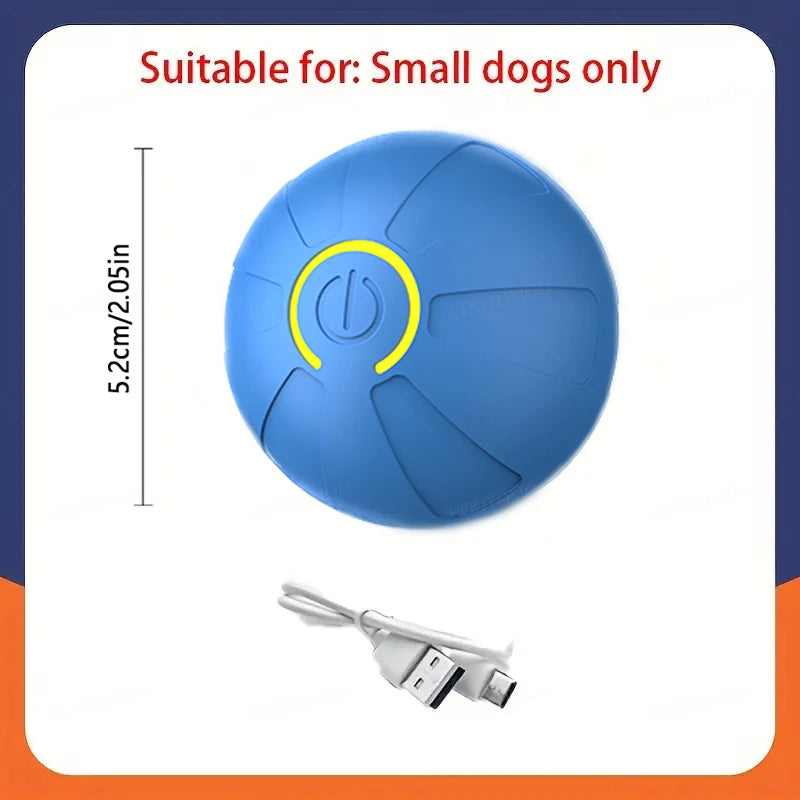 FanzyMarket automatic interactive dog toy ball in blue, USB rechargeable rolling bouncing chew toy for puppies and large dogs.