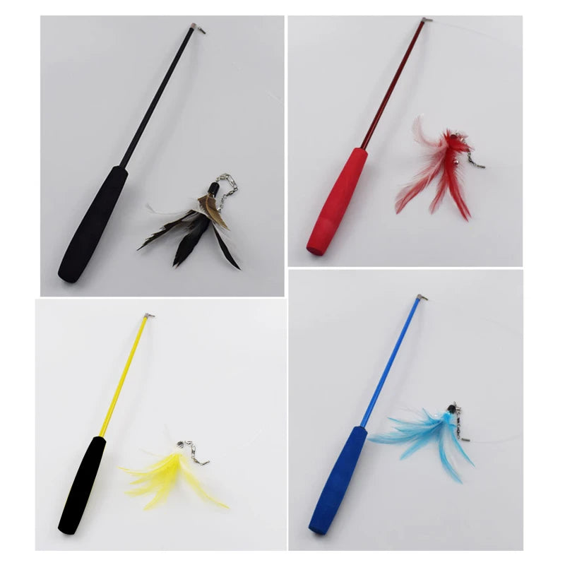 Blue telescopic cat teaser wand with 3 sections, 15-38 inches long, featuring 5 feather refills for interactive kitten play.