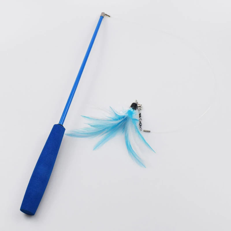 Blue telescopic cat teaser wand with 3 sections, 15-38 inches long, featuring 5 feather refills for interactive kitten play.