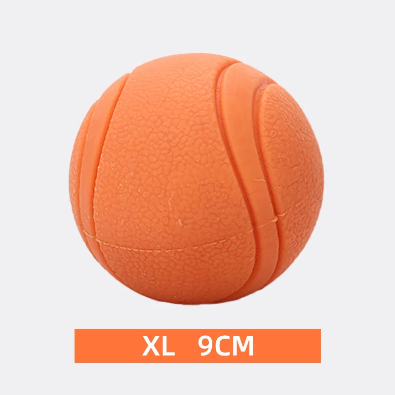 FanzyMarket bite-resistant rubber dog ball toy in red, chew-proof fetch toy for dogs and puppies, available in sizes S to XL.
