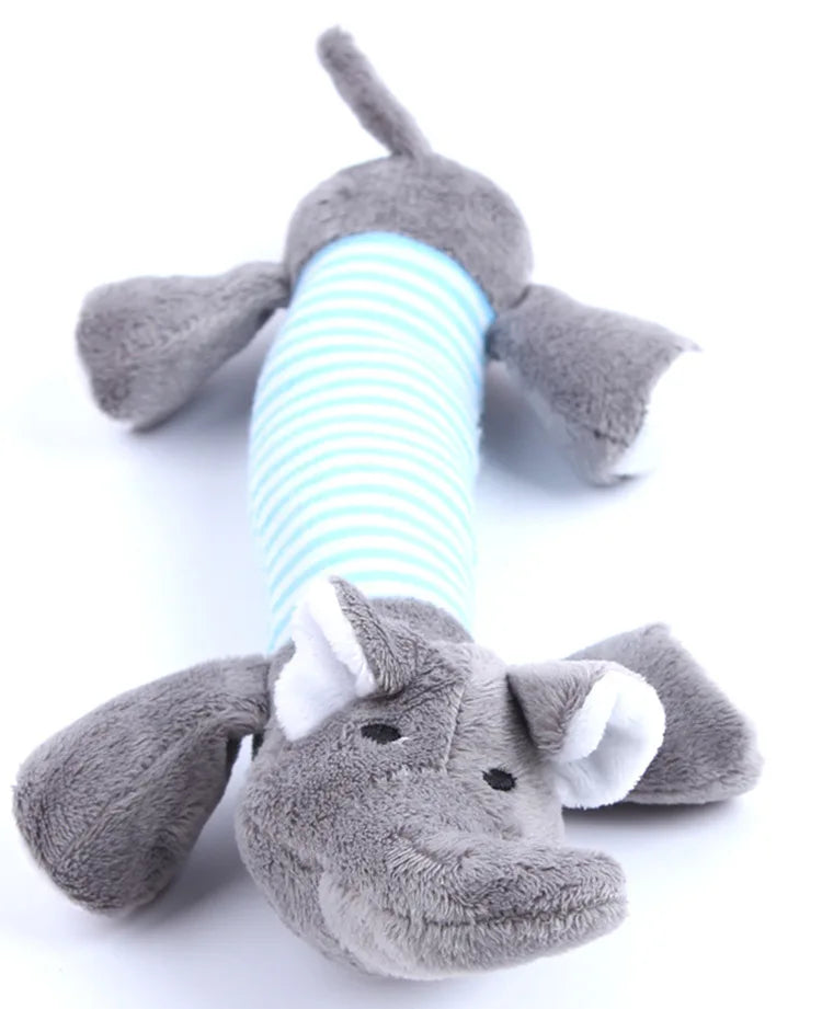 FanzyMarket stuffing-free squeaky plush dog toy resembling a simulated animal with crinkle material for durable play and chewing.