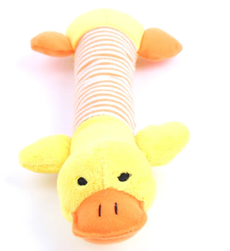 FanzyMarket stuffing-free squeaky plush dog toy shaped like a simulated animal with crinkle material for durable chewing and play.